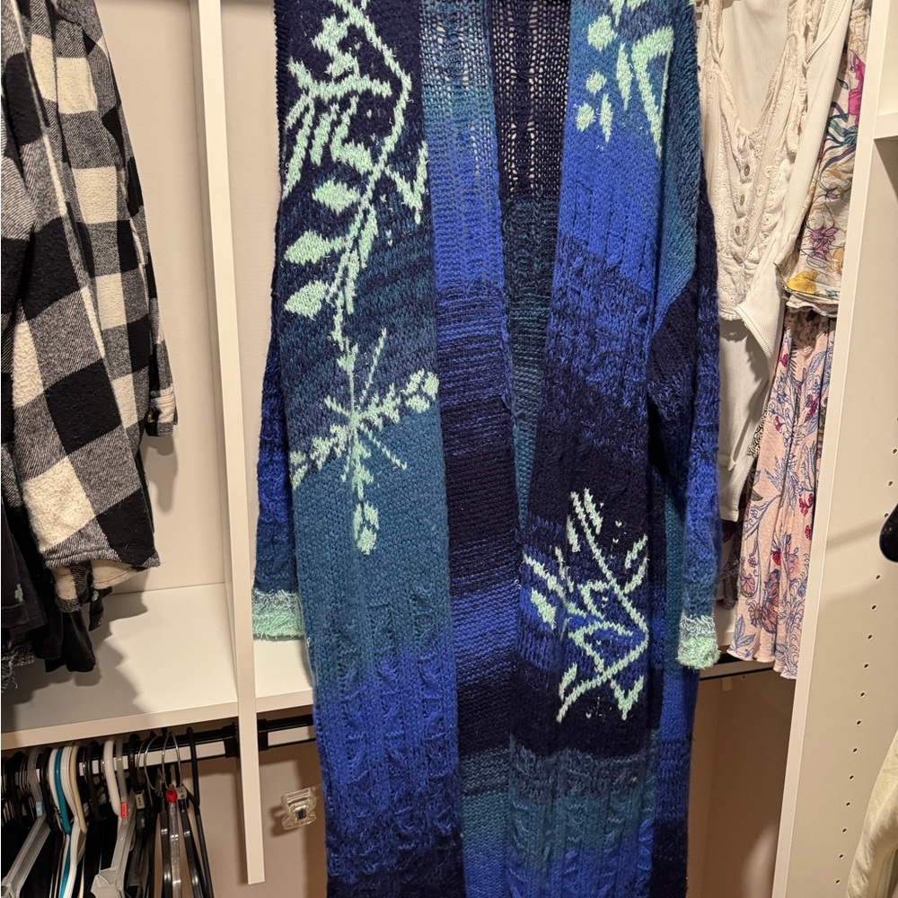 Free People Blue Knit Cardigan with Snowflake Design